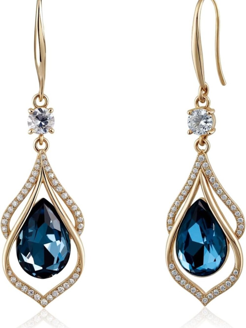 Sapphire Blue Teardrop Dangle Earrings, 14K Gold Plated, Elegant Women's Jewelry